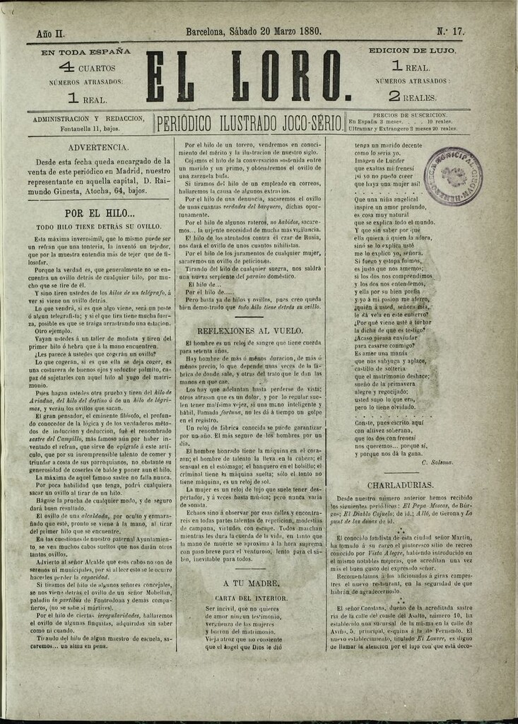 Miniatura de El Loro: periódico ilustrado joco-serio. Sábado 20 de marzo de 1880