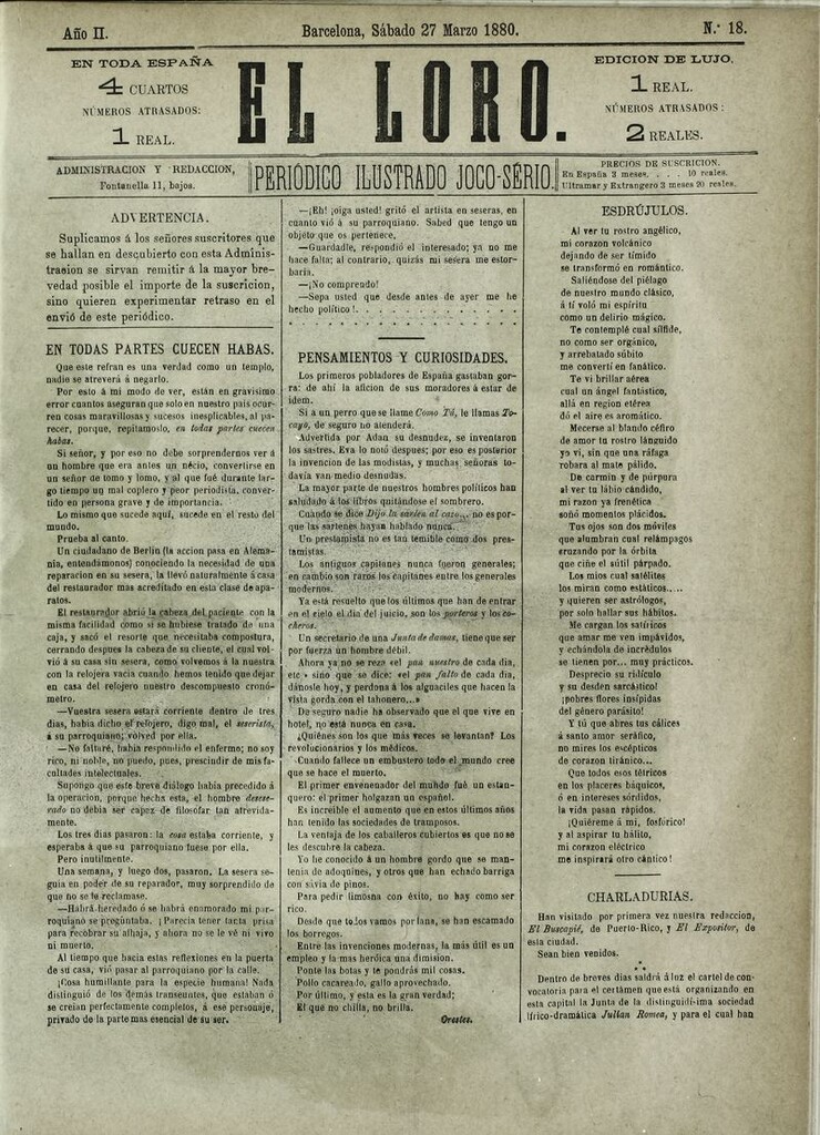 Miniatura de El Loro: periódico ilustrado joco-serio. Sábado 27 de marzo de 1880