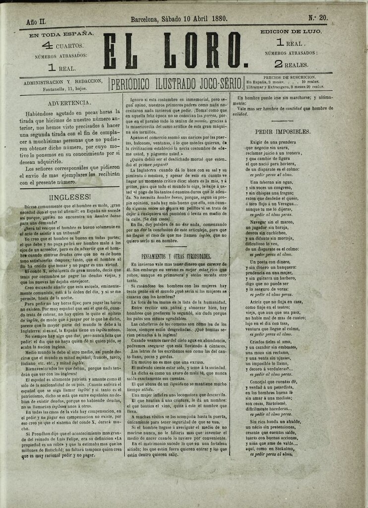 Miniatura de El Loro: periódico ilustrado joco-serio. Sábado 10 de abril de 1880