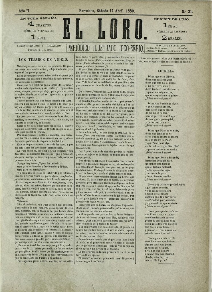 Miniatura de El Loro: periódico ilustrado joco-serio. Sábado 17 de abril de 1880
