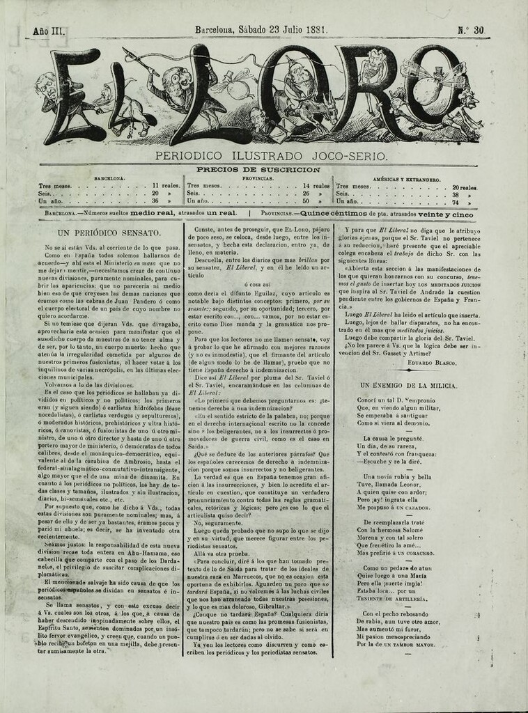 Miniatura de El Loro: periódico ilustrado joco-serio. Sábado 23 de julio 1881