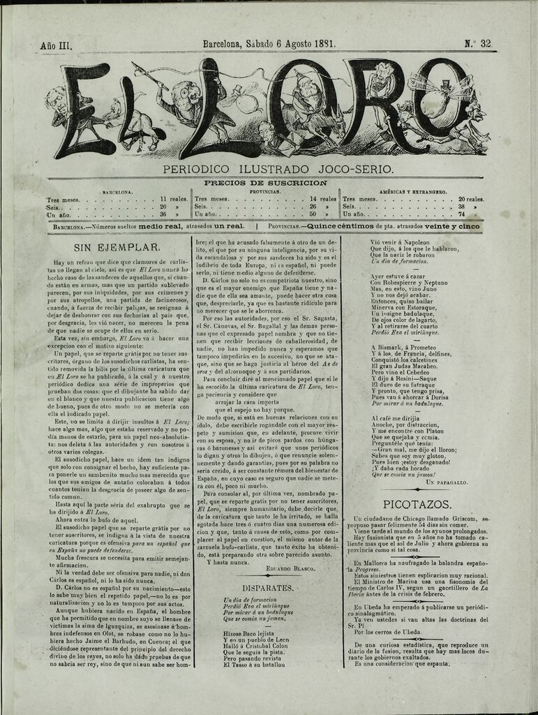 Miniatura de El Loro: periódico ilustrado joco-serio. Sábado 6 de agosto 1881