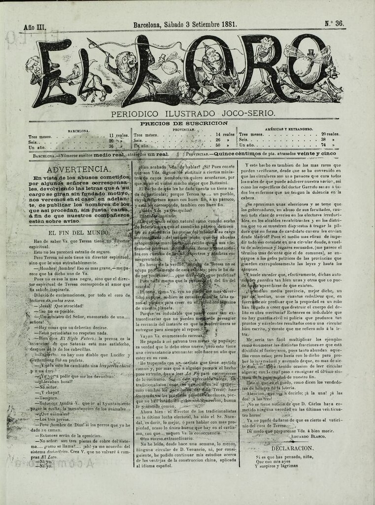 Miniatura de El Loro: periódico ilustrado joco-serio. Sábado 3 de septiembre 1881