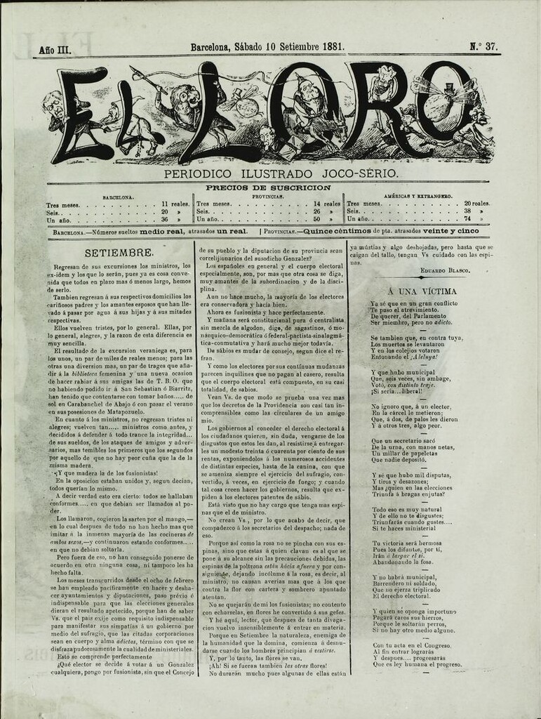 Miniatura de El Loro: periódico ilustrado joco-serio. Sábado 10 de septiembre 1881