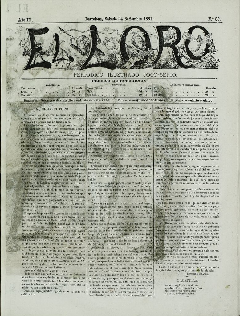 Miniatura de El Loro: periódico ilustrado joco-serio. Sábado 24 de septiembre 1881