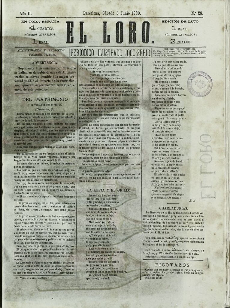 Miniatura de El Loro: periódico ilustrado joco-serio. Sábado 5 de junio de 1880