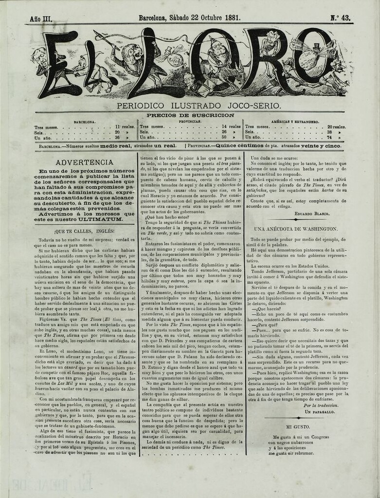 Miniatura de El Loro: periódico ilustrado joco-serio. Sábado 22 de octubre 1881