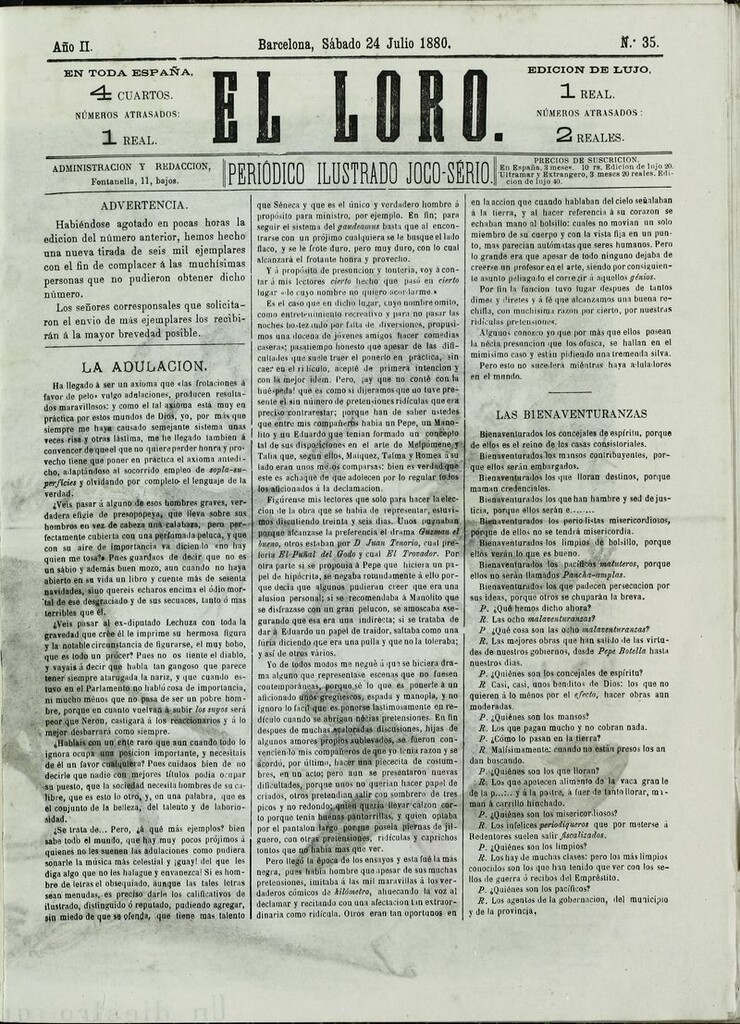 Miniatura de El Loro: periódico ilustrado joco-serio. Sábado 24 de julio de 1880