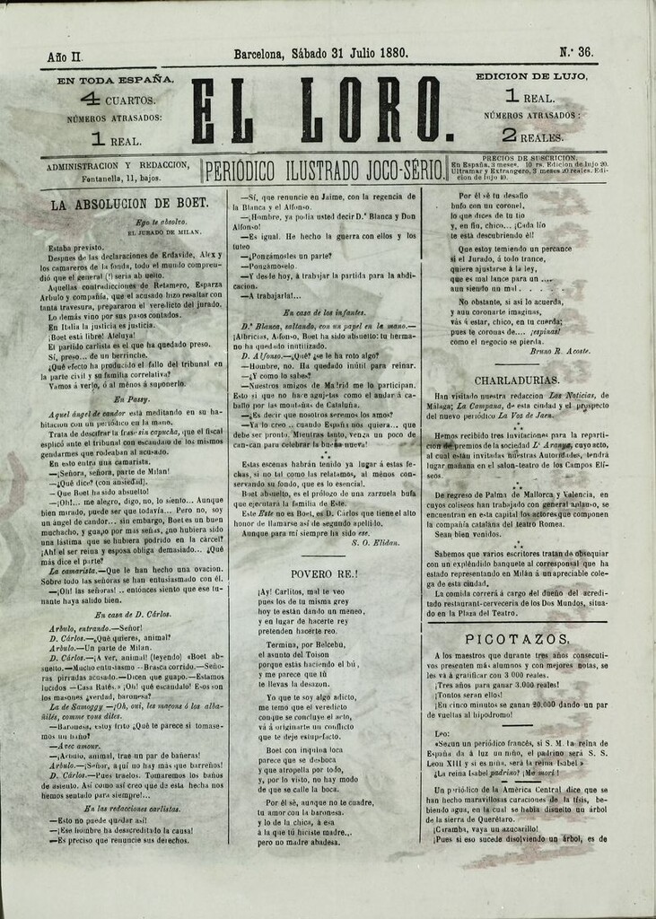 Miniatura de El Loro: periódico ilustrado joco-serio. Sábado 31 de julio de 1880