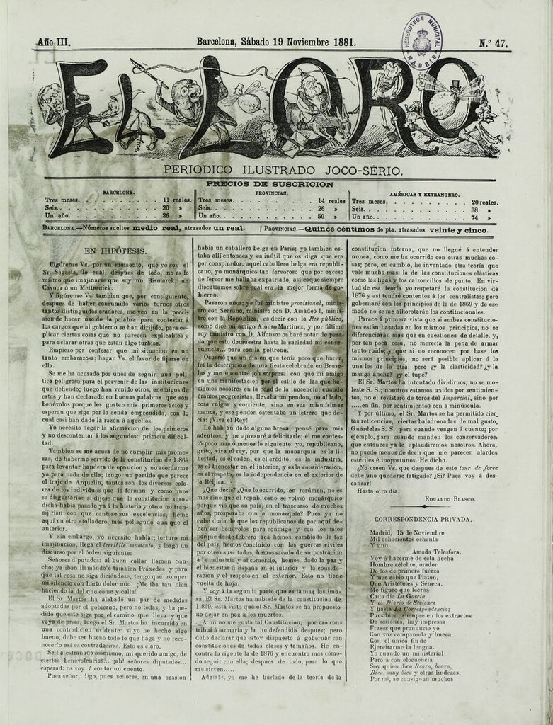 Miniatura de El Loro: periódico ilustrado joco-serio. Sábado 19 de noviembre 1881