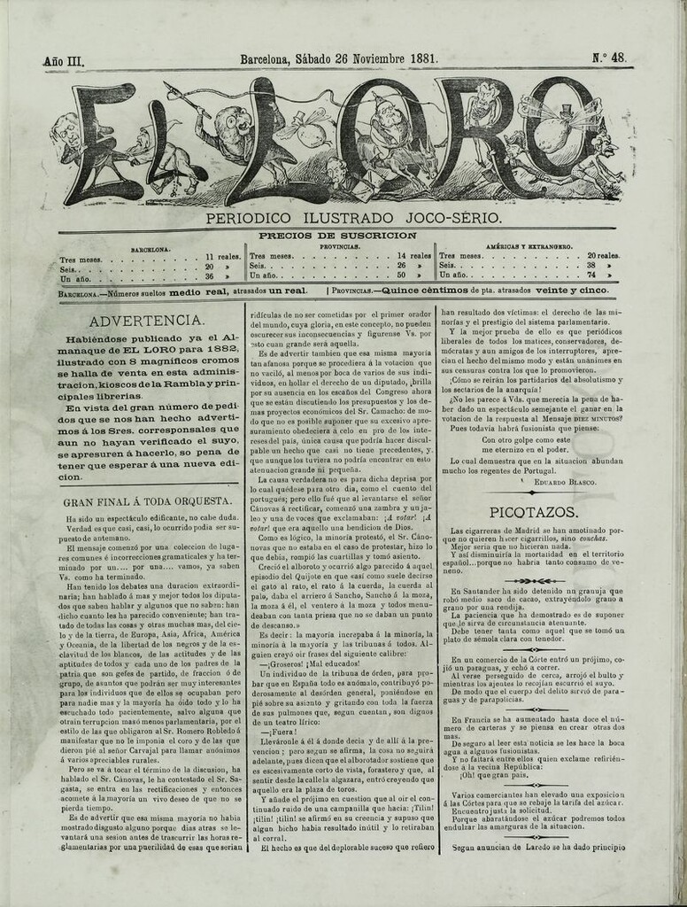 Miniatura de El Loro: periódico ilustrado joco-serio. Sábado 26 de noviembre 1881