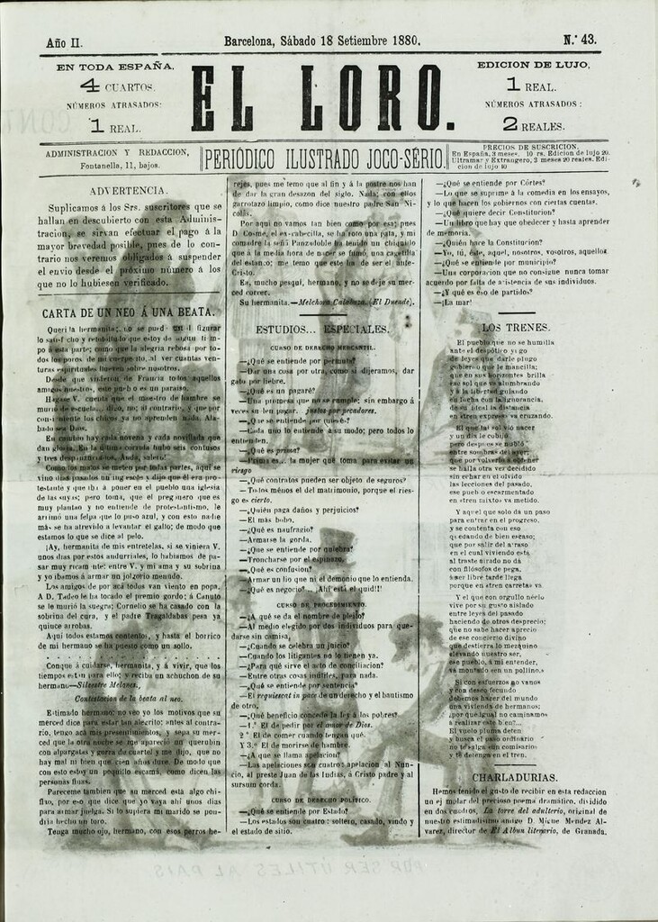 Miniatura de El Loro: periódico ilustrado joco-serio. Sábado 18 de septiembre de 1880