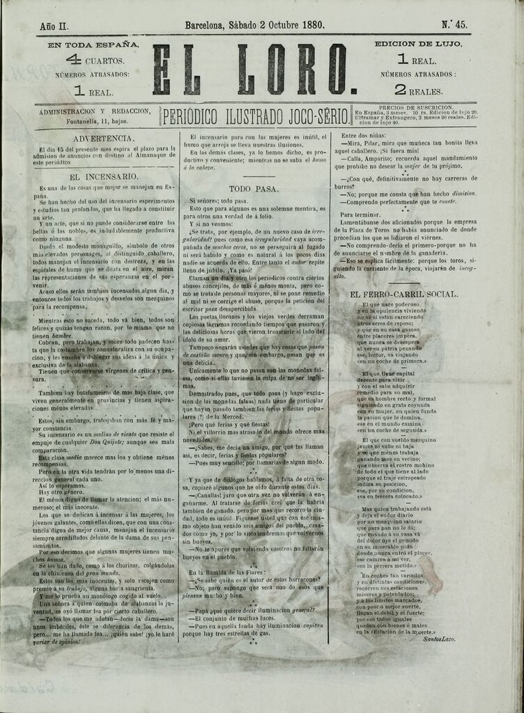 Miniatura de El Loro: periódico ilustrado joco-serio. Sábado 2 de octubre de 1880