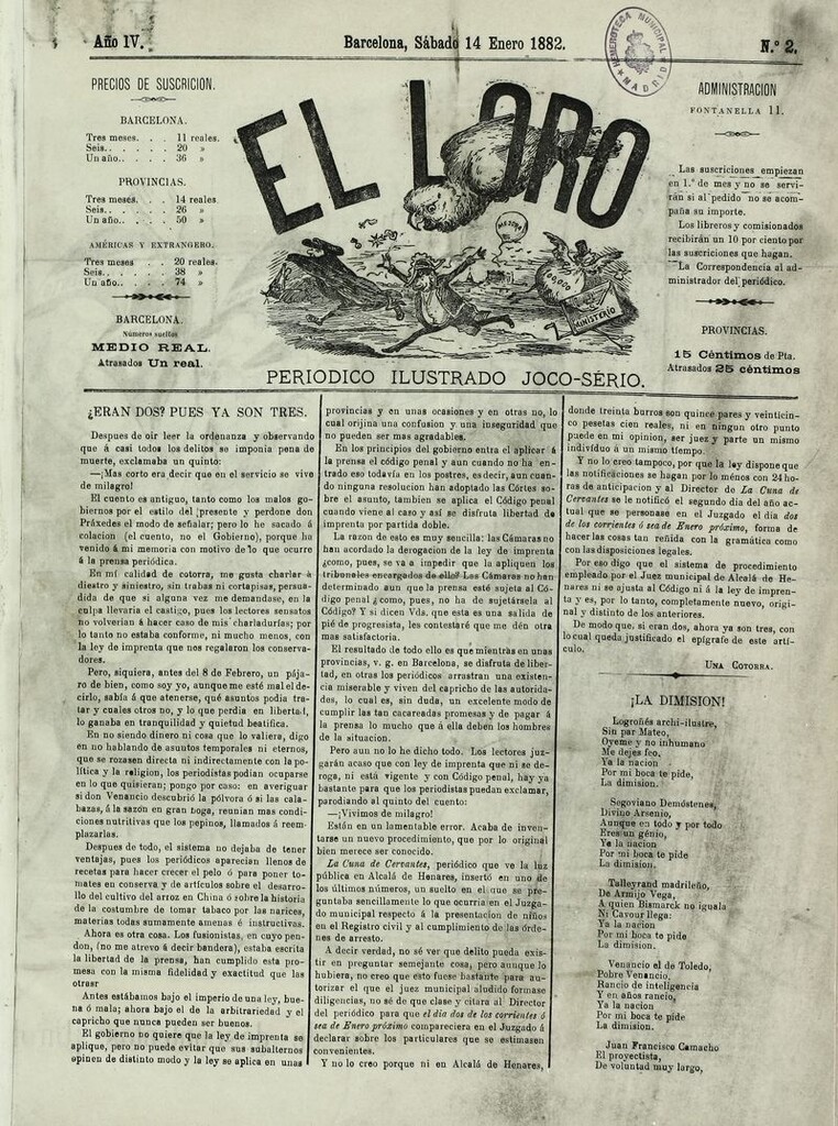 Miniatura de El Loro: periódico ilustrado joco-serio. Sábado 14 de enero 1882