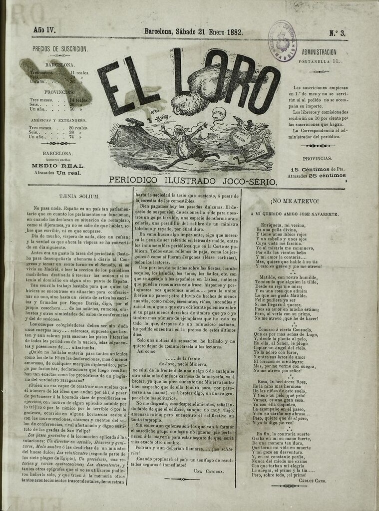 Miniatura de El Loro: periódico ilustrado joco-serio. Sábado 21 de enero 1882