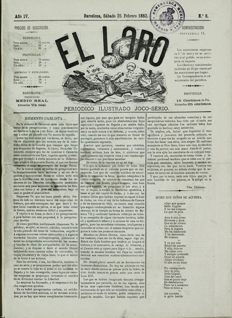 Miniatura de El Loro: periódico ilustrado joco-serio. Sábado 25 de febrero 1882