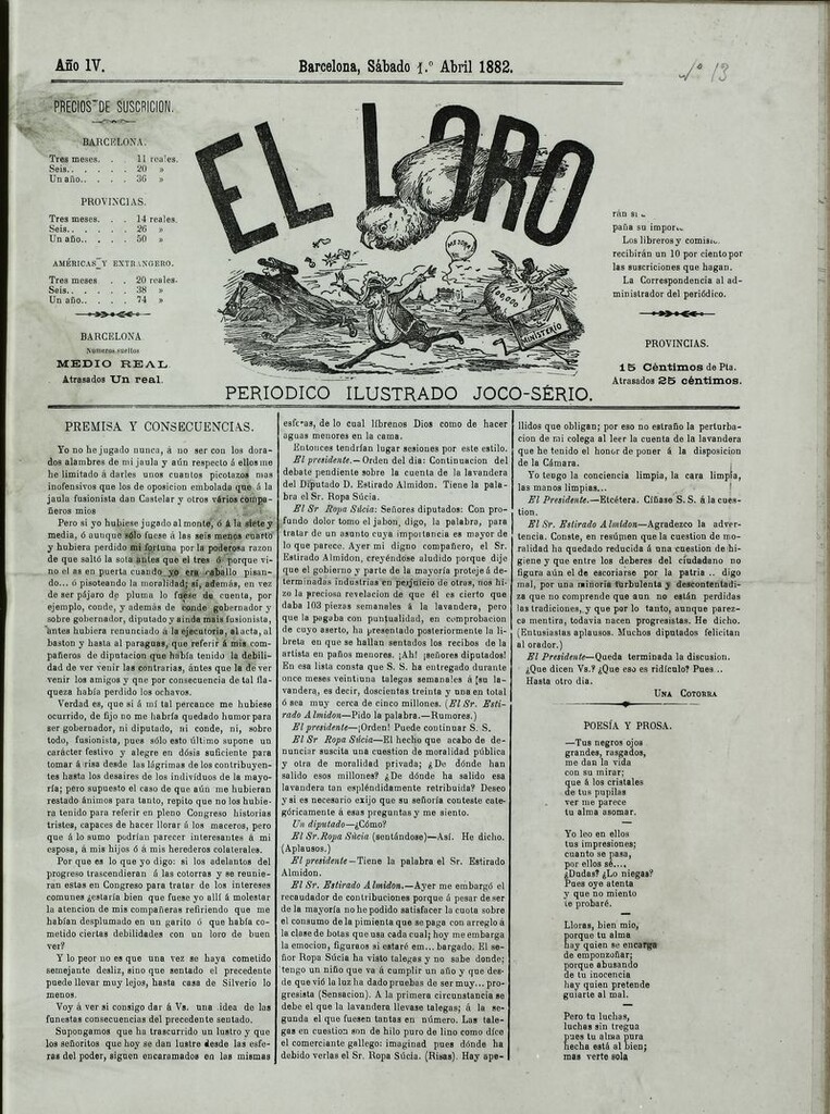 Miniatura de El Loro: periódico ilustrado joco-serio. Sábado 1 de abril 1882