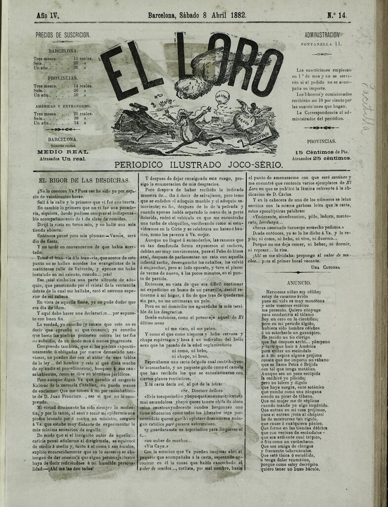 Miniatura de El Loro: periódico ilustrado joco-serio. Sábado 8 de abril 1882
