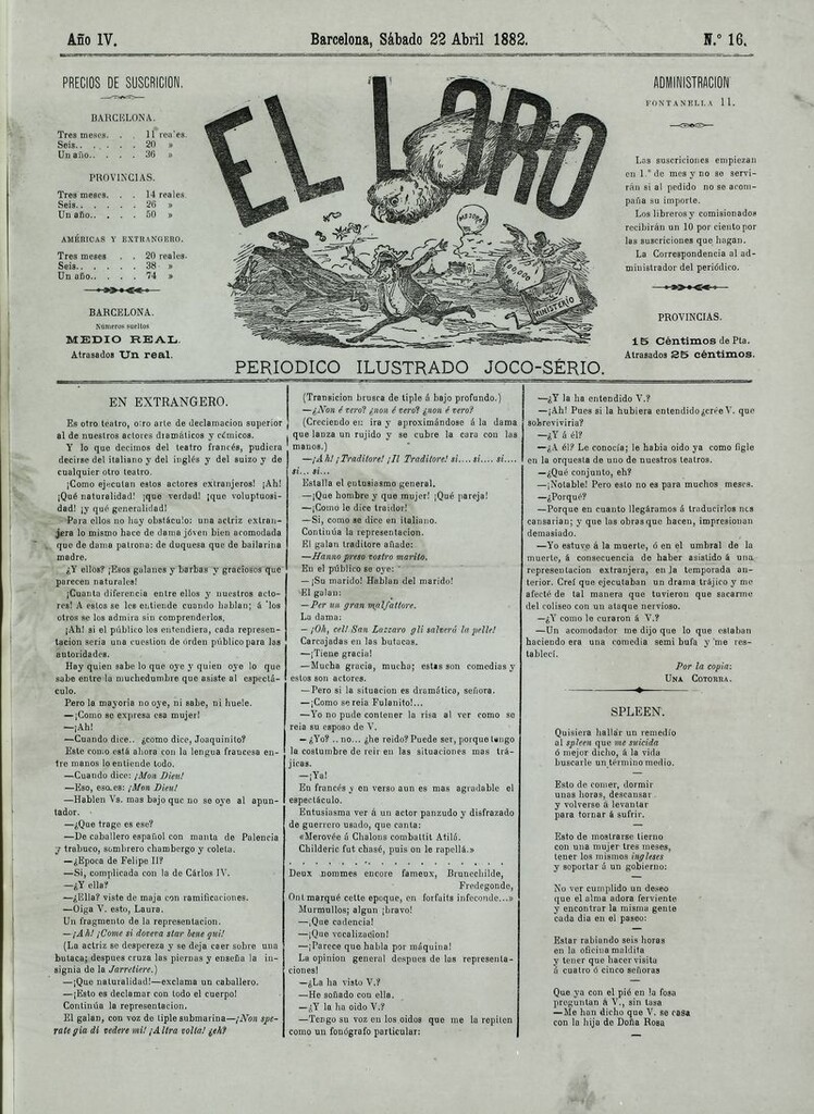 Miniatura de El Loro: periódico ilustrado joco-serio. Sábado 22 de abril 1882