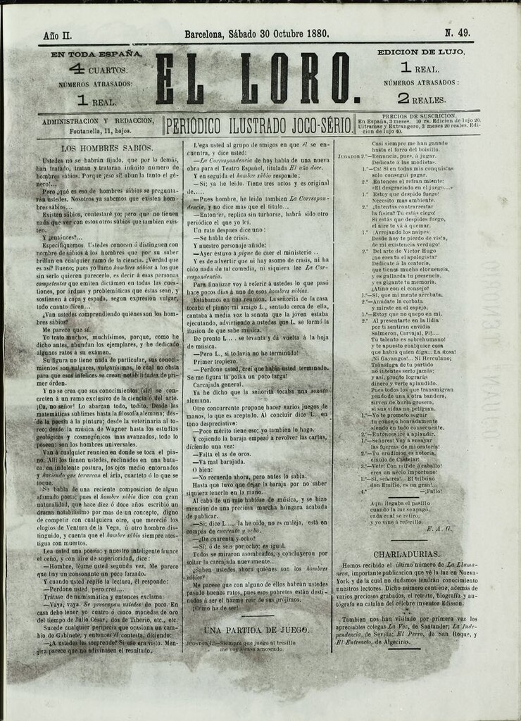 Miniatura de El Loro: periódico ilustrado joco-serio. Sábado 30 de octubre de 1880