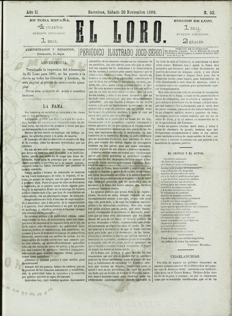 Miniatura de El Loro: periódico ilustrado joco-serio. Sábado 20 de noviembre de 1880
