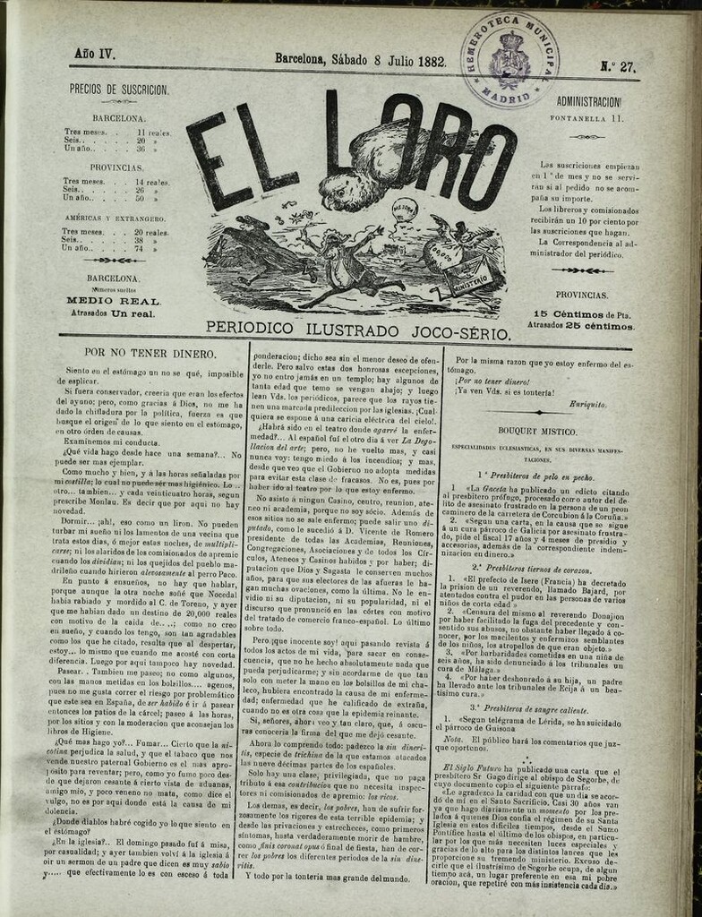 Miniatura de El Loro: periódico ilustrado joco-serio. Sábado 8 de julio 1882