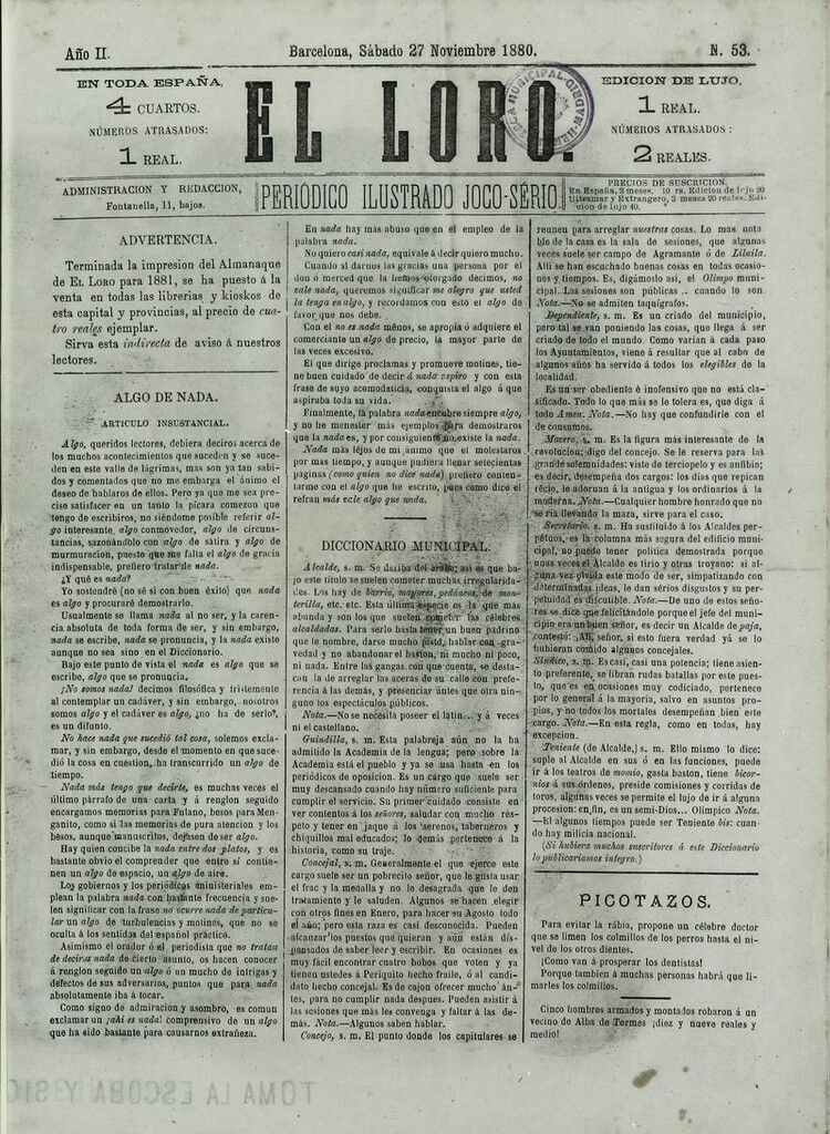 Miniatura de El Loro: periódico ilustrado joco-serio. Sábado 27 de noviembre de 1880