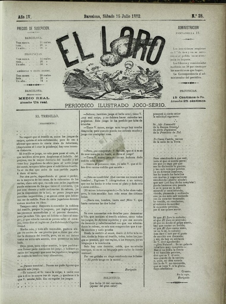 Miniatura de El Loro: periódico ilustrado joco-serio. Sábado 15 de julio 1882