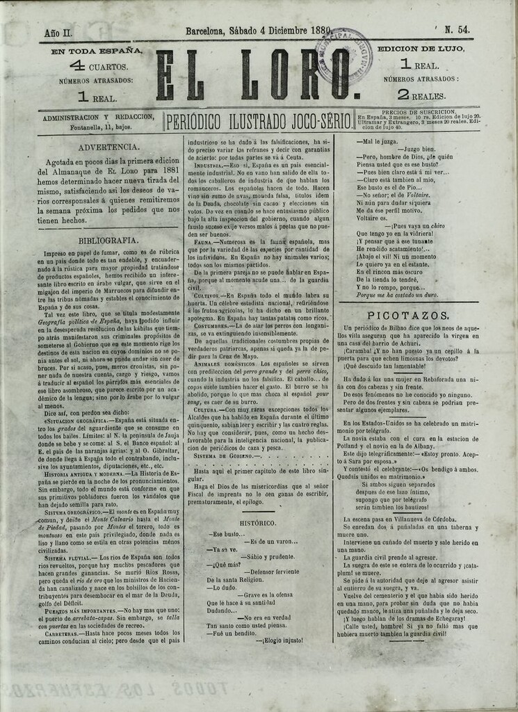 Miniatura de El Loro: periódico ilustrado joco-serio. Sábado 4 de diciembre de 1880