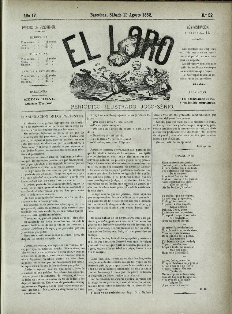 Miniatura de El Loro: periódico ilustrado joco-serio. Sábado 12 de agosto 1882