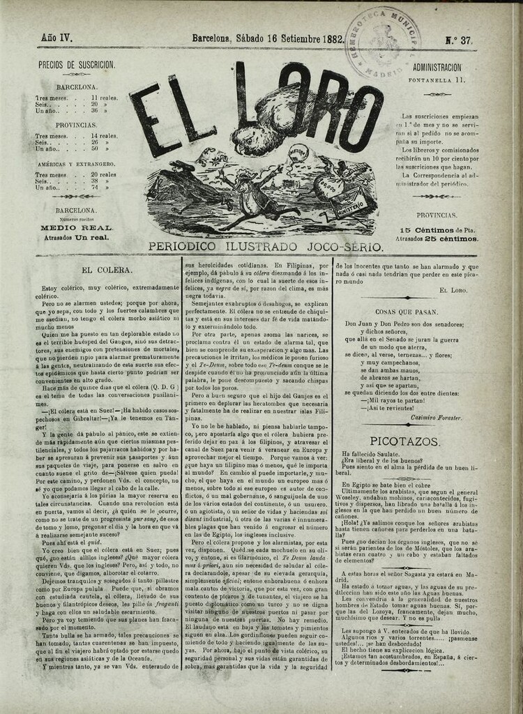 Miniatura de El Loro: periódico ilustrado joco-serio. Sábado 16 de septiembre 1882