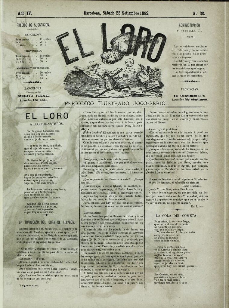 Miniatura de El Loro: periódico ilustrado joco-serio. Sábado 23 de septiembre 1882