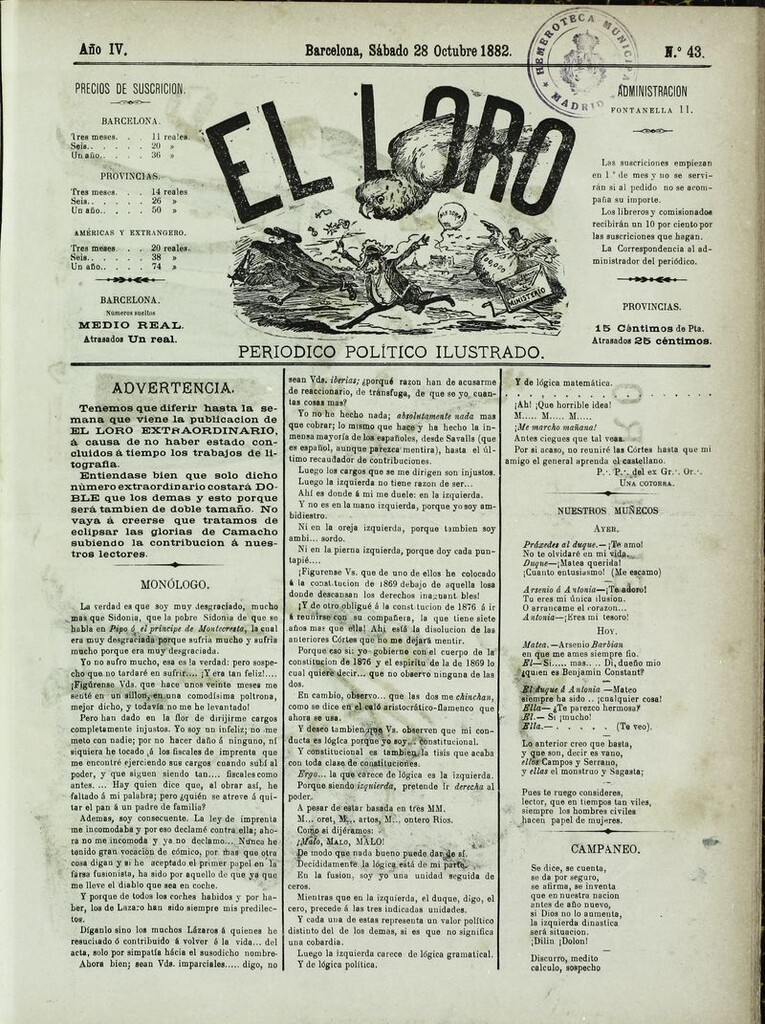 Miniatura de El Loro: periódico ilustrado joco-serio. Sábado 28 de octubre 1882