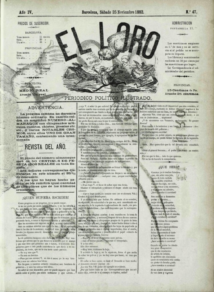 Miniatura de El Loro: periódico ilustrado joco-serio. Sábado 25 de noviembre 1882