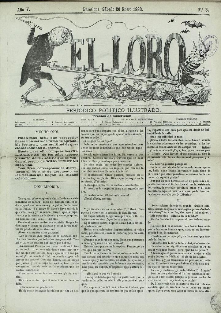 Miniatura de El Loro: periódico ilustrado joco-serio. Sábado 20 de enero 1883