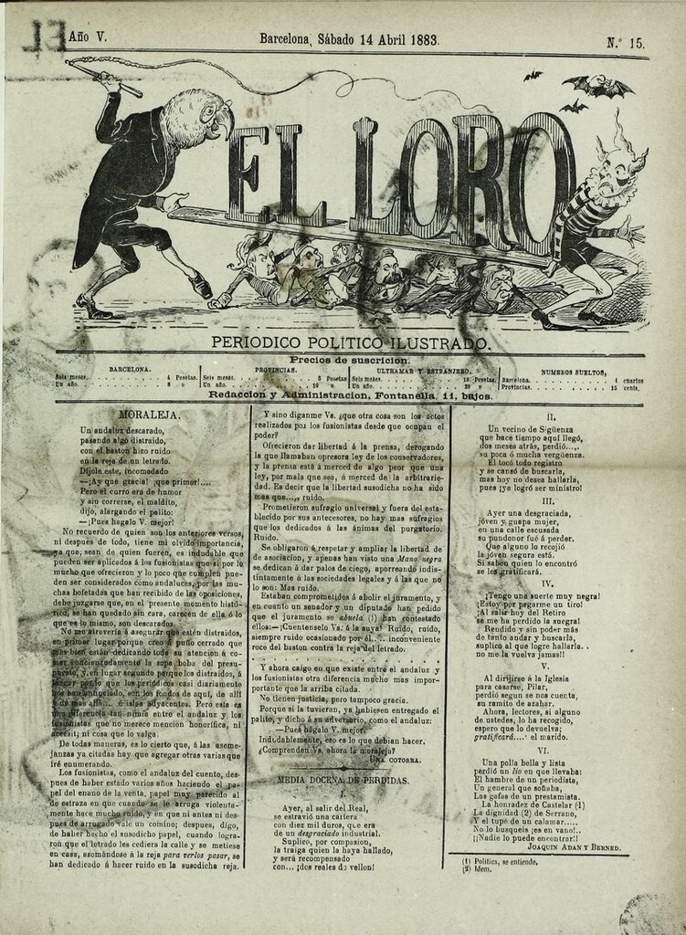 Miniatura de El Loro: periódico ilustrado joco-serio. Sábado 14 de abril 1883