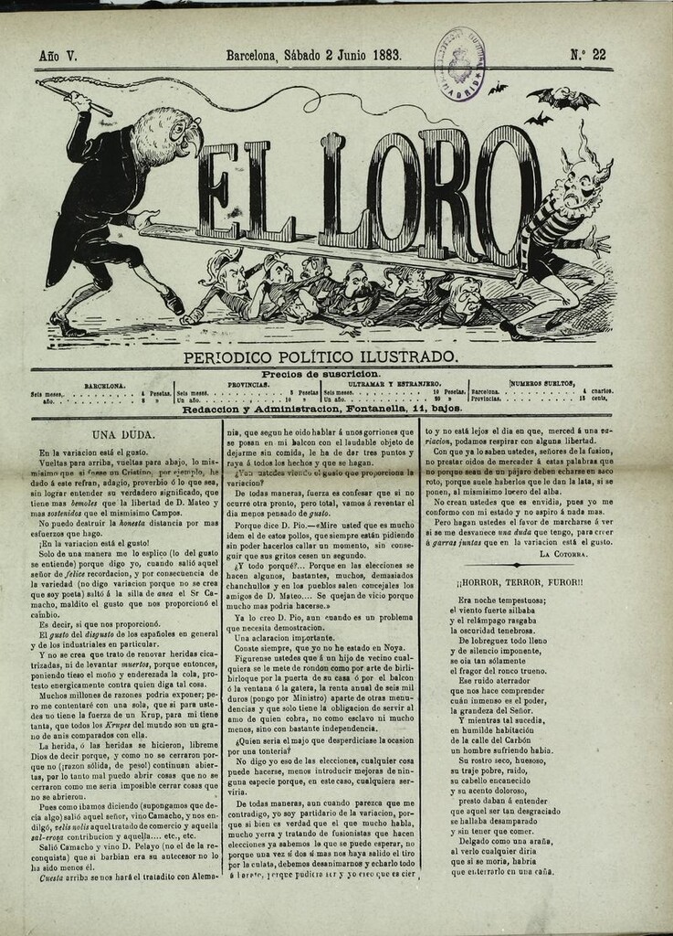 Miniatura de El Loro: periódico ilustrado joco-serio. Sábado 2 de junio 1883