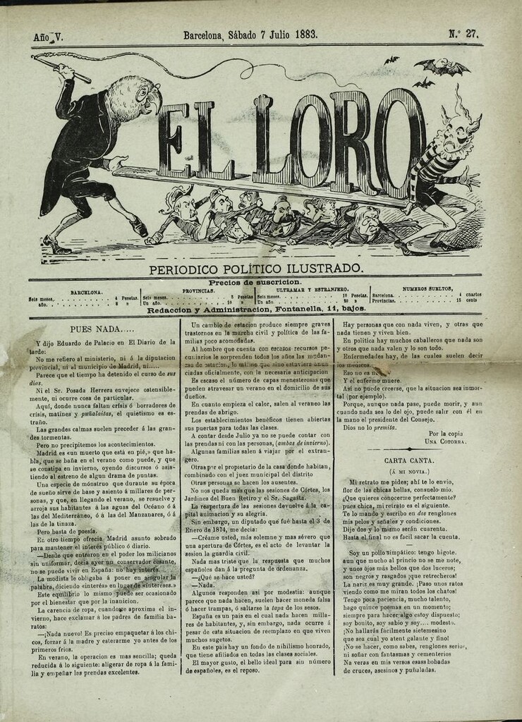Miniatura de El Loro: periódico ilustrado joco-serio. Sábado 7 de julio 1883