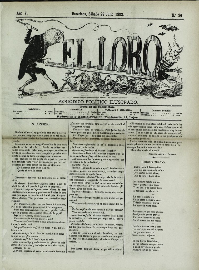 Miniatura de El Loro: periódico ilustrado joco-serio. Sábado 28 de julio 1883