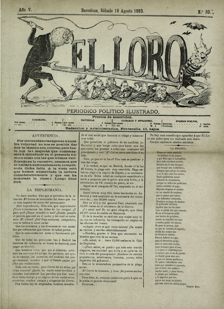 Miniatura de El Loro: periódico ilustrado joco-serio. Sábado 18 de agosto 1883