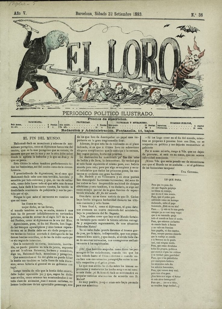Miniatura de El Loro: periódico ilustrado joco-serio. Sábado 22 de septiembre 1883
