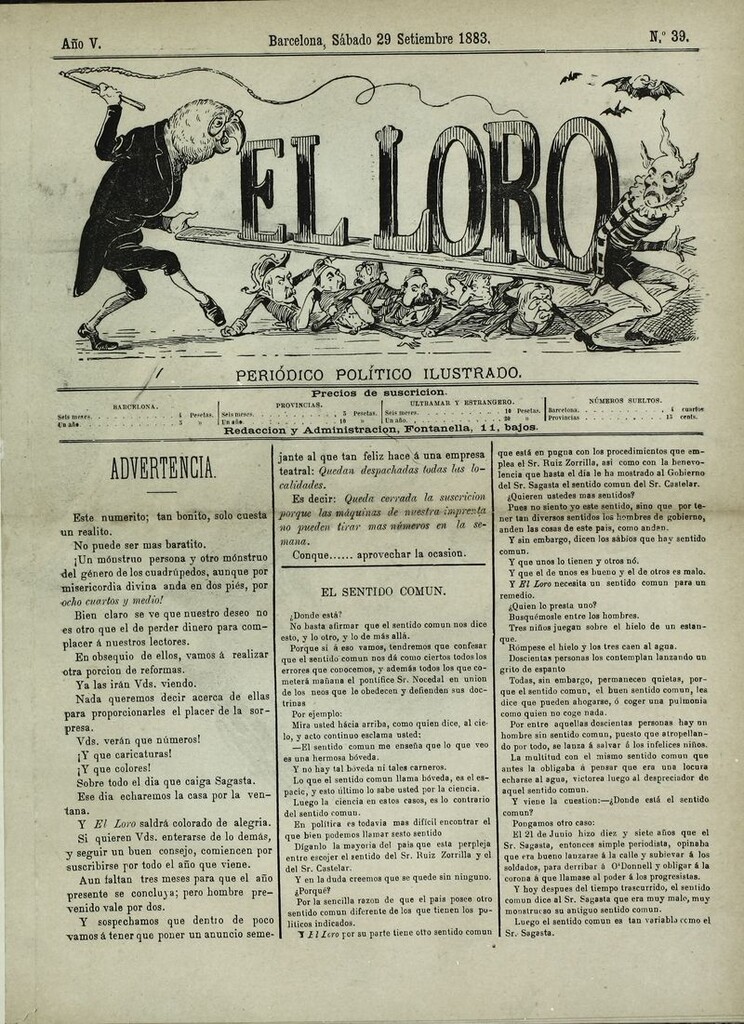 Miniatura de El Loro: periódico ilustrado joco-serio. Sábado 29 de septiembre 1883