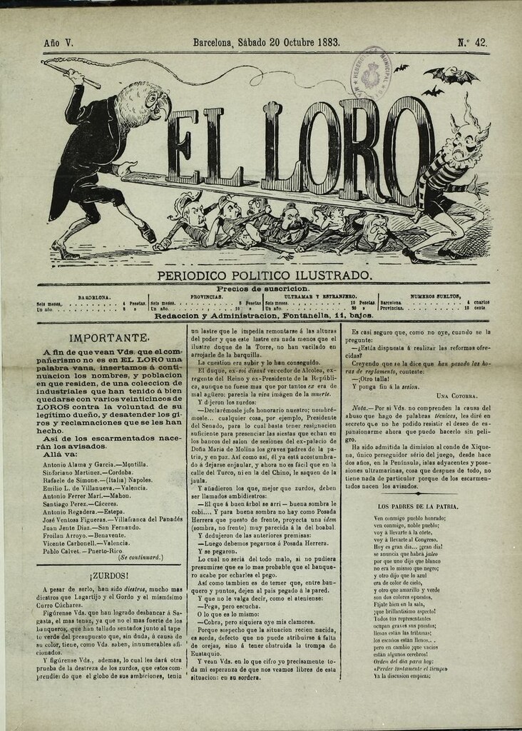 Miniatura de El Loro: periódico ilustrado joco-serio. Sábado 20 de octubre 1883