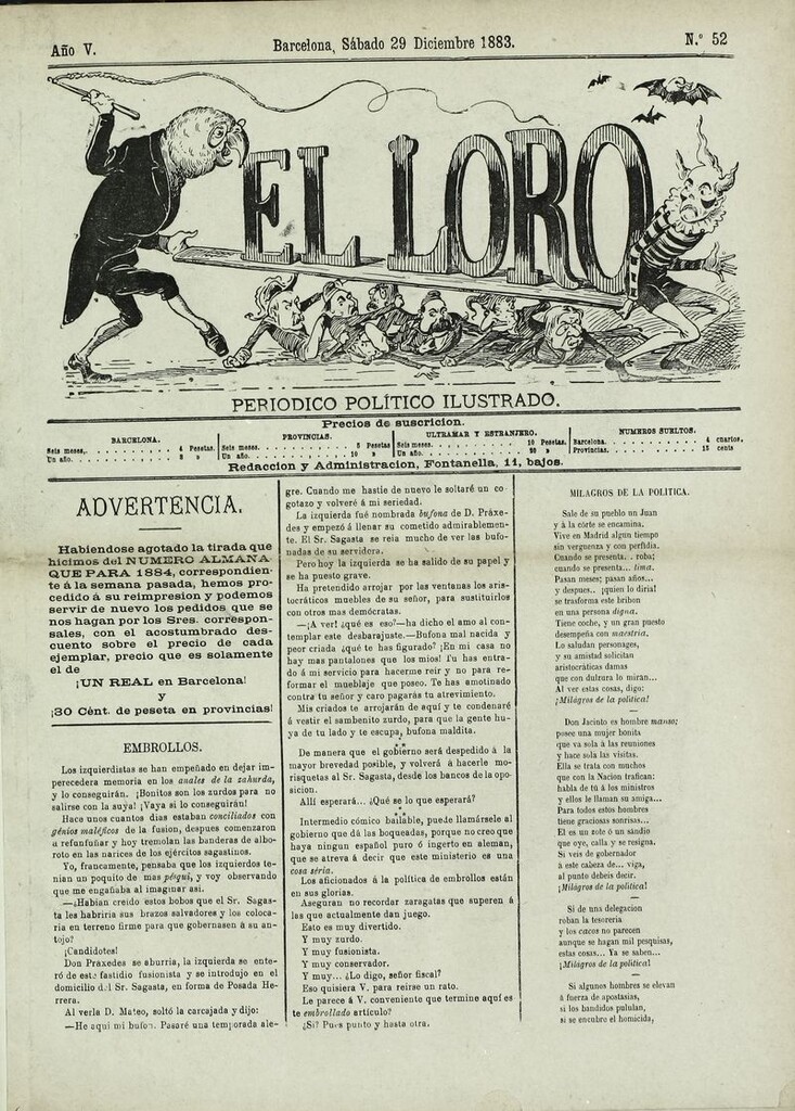 Miniatura de El Loro: periódico ilustrado joco-serio. Sábado 29 de diciembre 1883