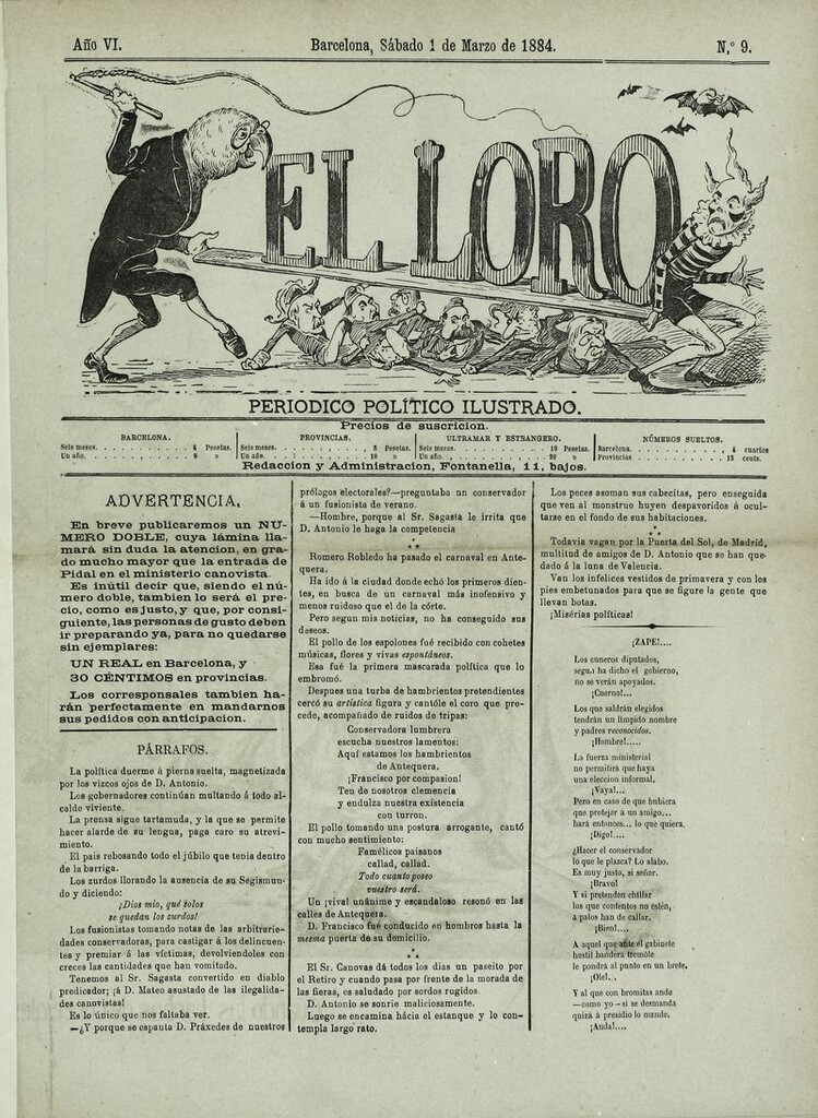 Miniatura de El Loro: periódico ilustrado joco-serio. Sábado 1 de marzo de 1884