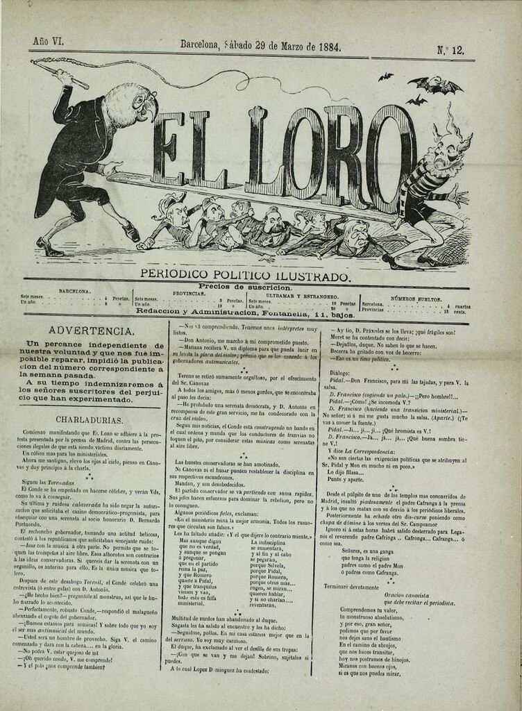 Miniatura de El Loro: periódico ilustrado joco-serio. Sábado 29 de marzo de 1884