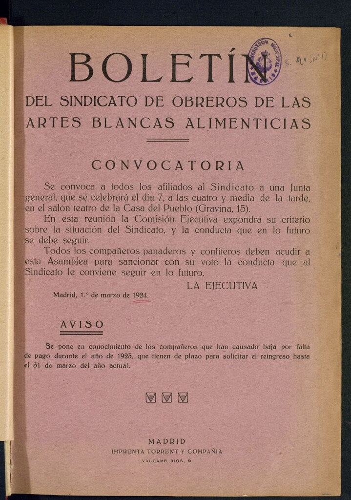 Miniatura de Boletín del Sindicato de Obreros de las Artes Blancas Alimenticias del 1 de marzo de 1924