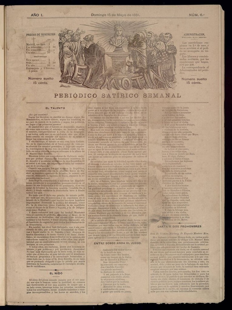 Miniatura de El Motín: periódico satírico semanal del domingo 15 de mayo de 1881