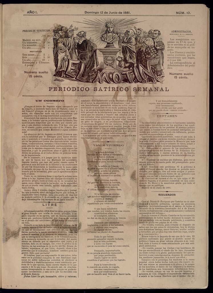Miniatura de El Motín: periódico satírico semanal del domingo 12 de junio de 1881