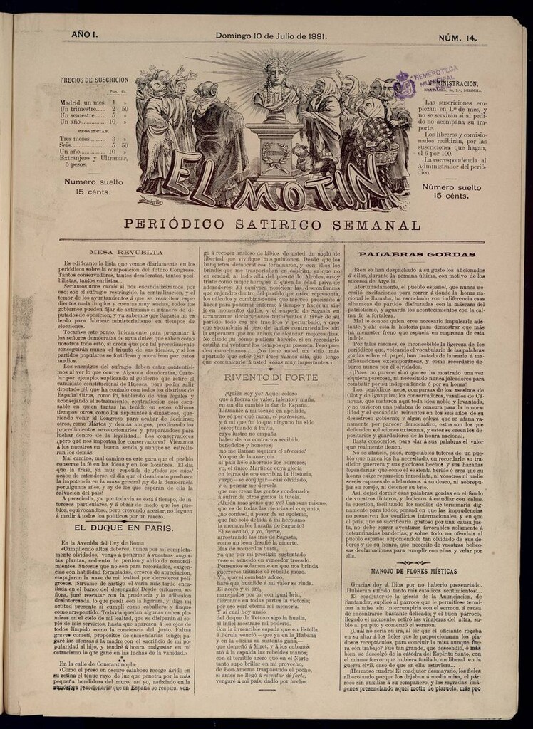 Miniatura de El Motín: periódico satírico semanal del domingo 10 de julio de 1881